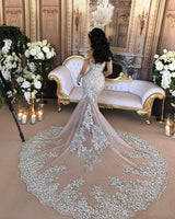 Classic High neck Long Sleevess Mermaid Wedding Dress Silver Tulle Bridal Gowns with Lace Appliques-showprettydress