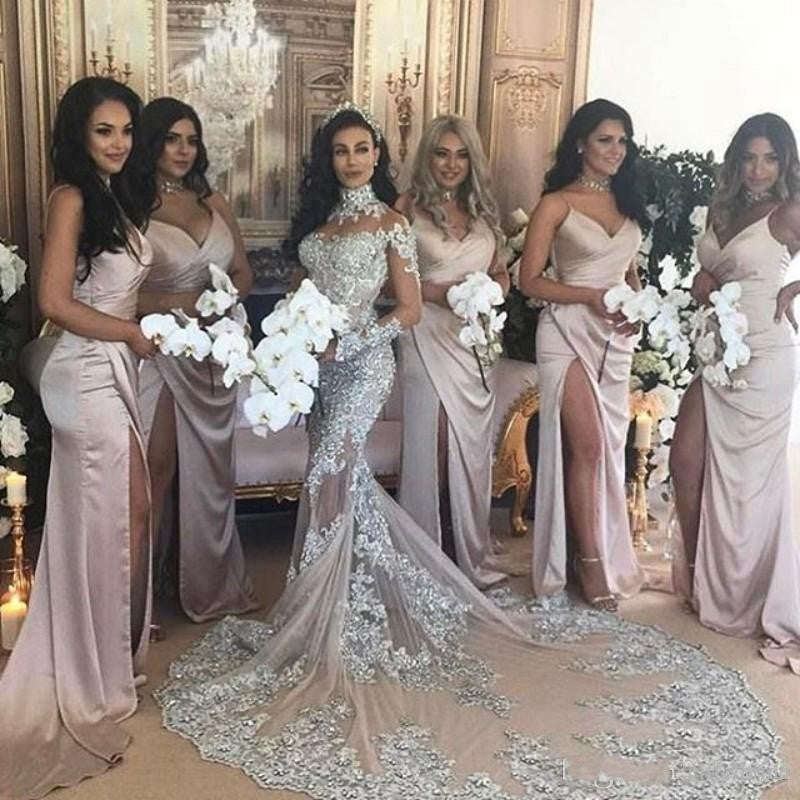 Classic High neck Long Sleevess Mermaid Wedding Dress Silver Tulle Bridal Gowns with Lace Appliques-showprettydress
