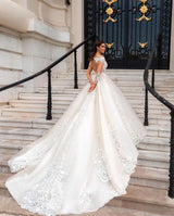 Classic Illusion neck Long Sleevess lace appliques ivory wedding dress-showprettydress