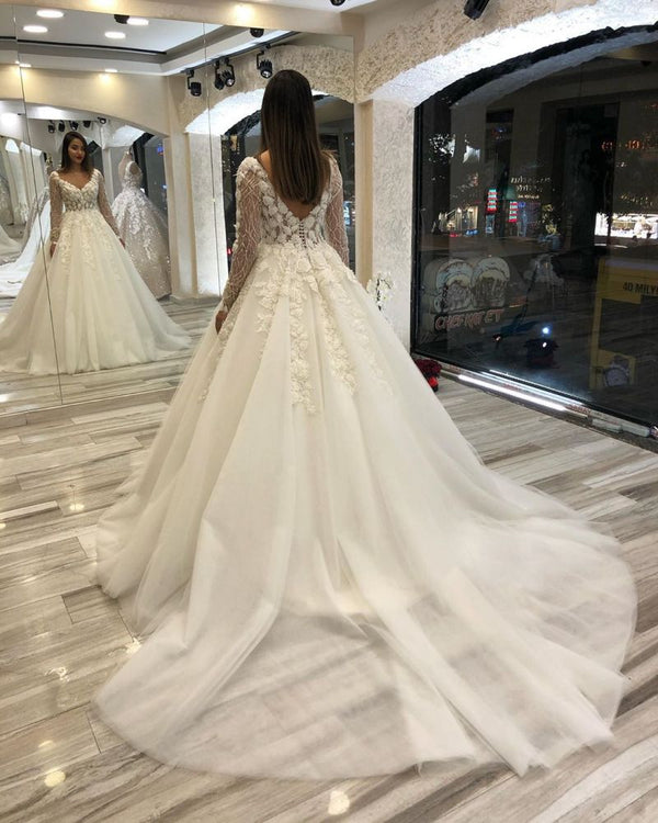 Classic Ivory Long Sleevess V neck Leaves Lace Ball Gown Wedding Dresses-showprettydress