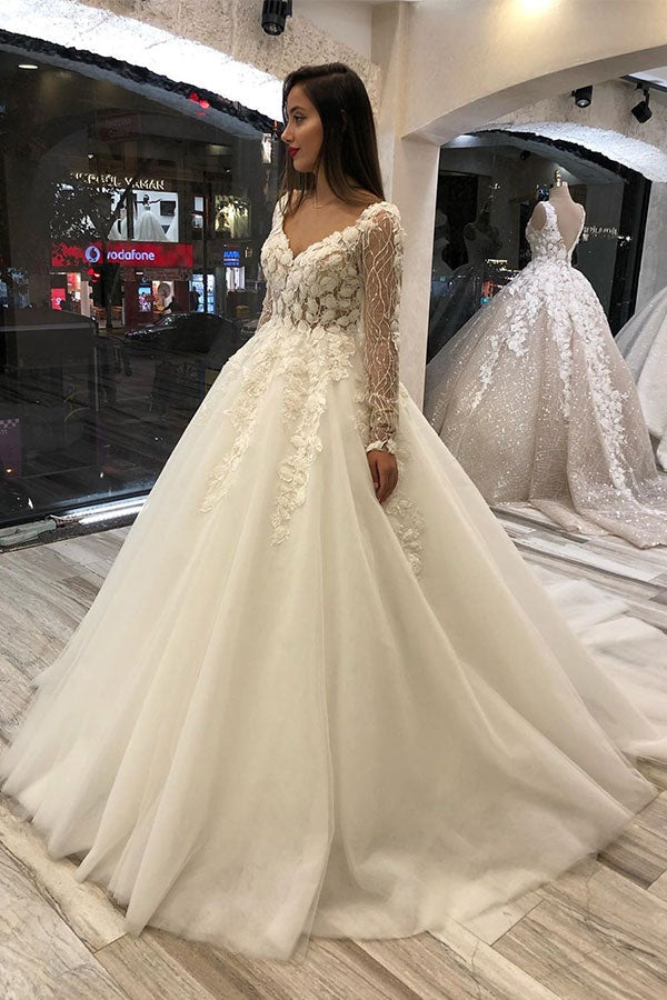 Classic Ivory Long Sleevess V neck Leaves Lace Ball Gown Wedding Dresses-showprettydress