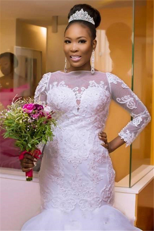 Classic Jewel Long Sleeves Tulle Lace Long Wedding Dress with Court Train-showprettydress