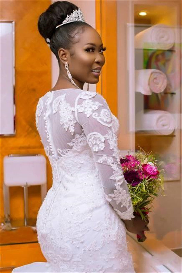 Classic Jewel Long Sleeves Tulle Lace Long Wedding Dress with Court Train-showprettydress