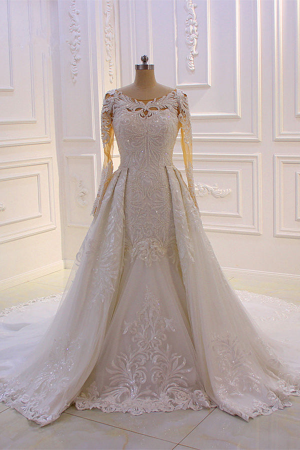 Classic Jewel Long Sleevess Tulle Lace Sparkle Ivory Wedding Dress-showprettydress