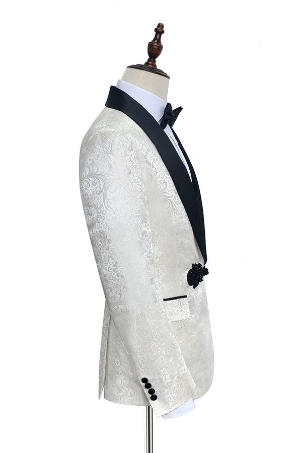 Classic Knitted Button Black Shawl Lapel Three Piece White Jacquard Wedding Tuxedo for Men-showprettydress