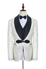 Classic Knitted Button Black Shawl Lapel Three Piece White Jacquard Wedding Tuxedo for Men-showprettydress