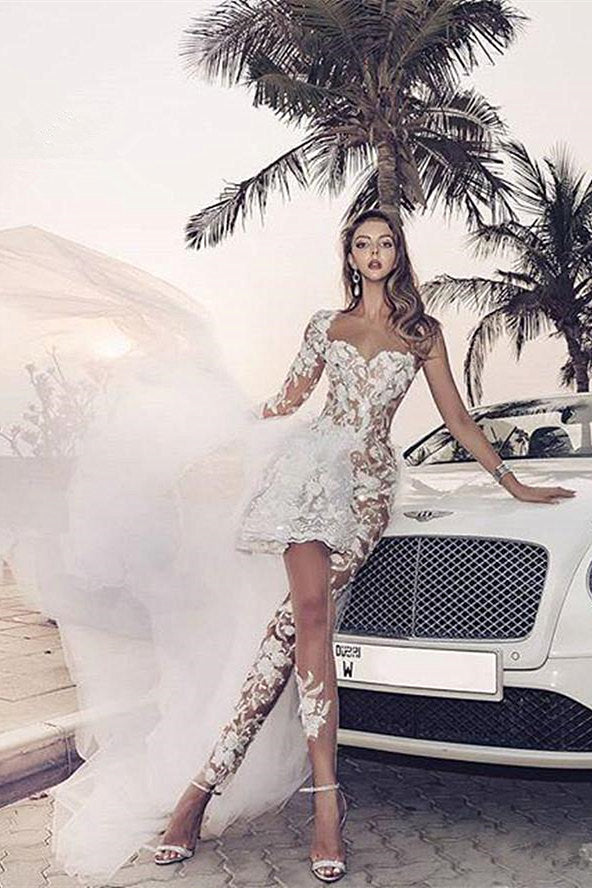Classic Lace Jumpsuit Asymmetirc See through Overskirt White Wedding Dress-showprettydress