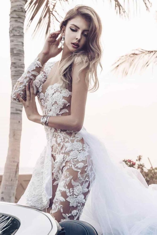 Classic Lace Jumpsuit Asymmetirc See through Overskirt White Wedding Dress-showprettydress