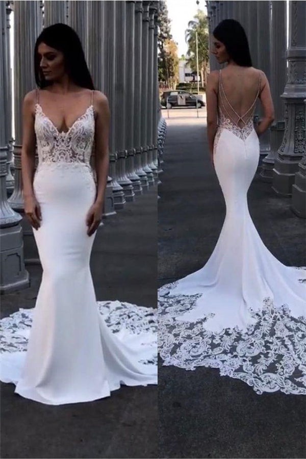 Classic Lace Mermaid Wedding Dresses Spaghetti Straps Backless Bridal Gowns-showprettydress