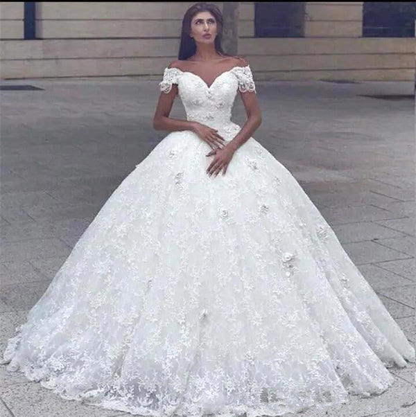 Classic Lace Off the shoulder White Lace Ball Gown Wedding Dress-showprettydress
