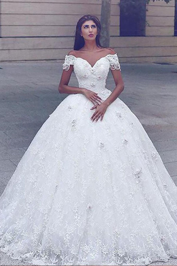 Classic Lace Off the shoulder White Lace Ball Gown Wedding Dress-showprettydress