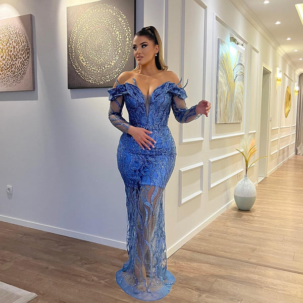Classic Long Sleeves Sheath V-Neck Mermaid Lace Formal Prom Dresses-showprettydress