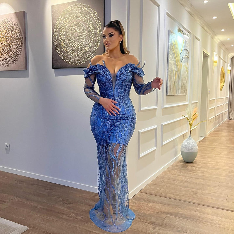 Classic Long Sleeves Sheath V-Neck Mermaid Lace Formal Prom Dresses-showprettydress