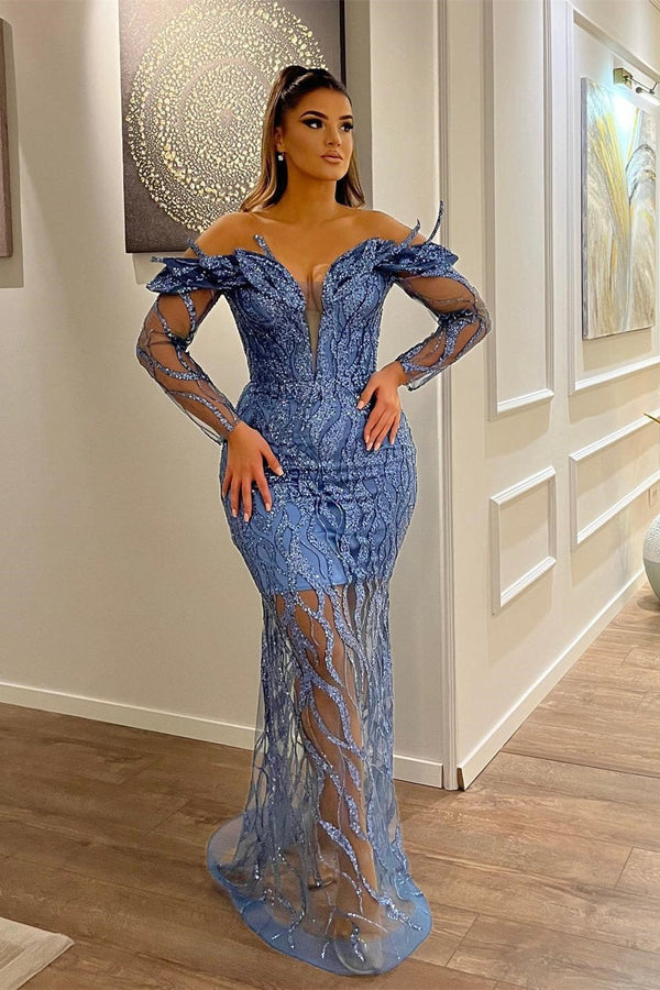 Classic Long Sleeves Sheath V-Neck Mermaid Lace Formal Prom Dresses-showprettydress