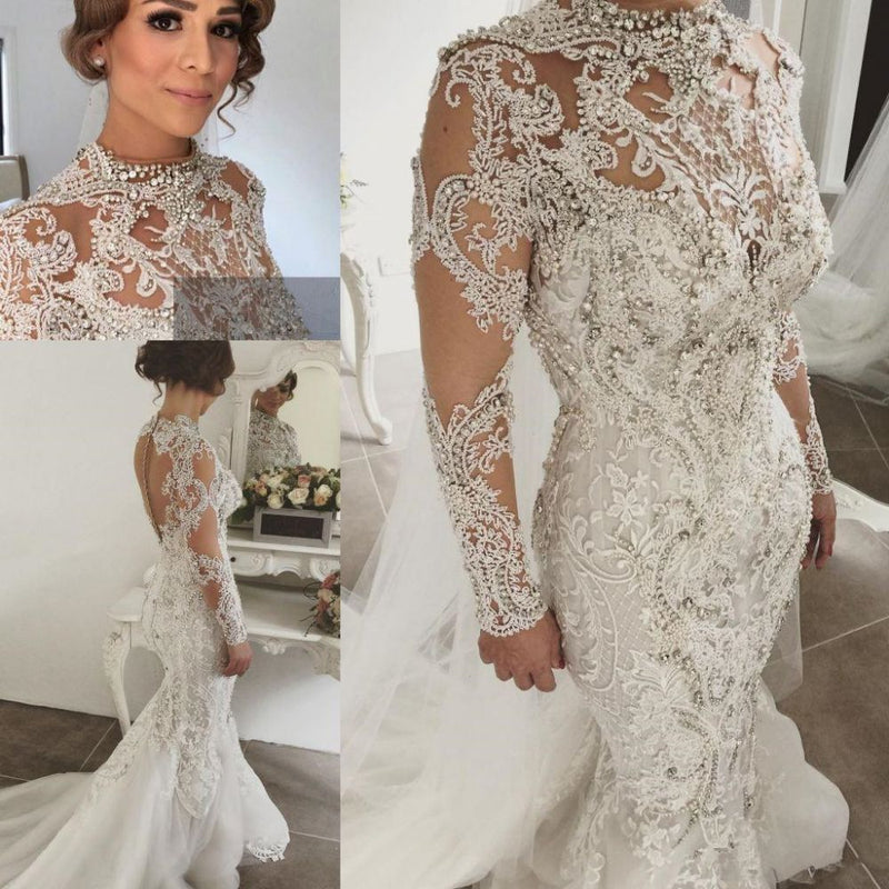 Classic Mermaid Long Sleevess Lace High Neck Crystal Wedding Dresses Modern Beading Bridal Gowns With Buttons-showprettydress