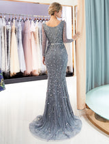 Classic Mother Of The Groom Dresses Grey Long Sleeve Luxury Beading V Neck Sash Formal Gowns With Train-showprettydress