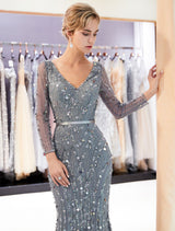 Classic Mother Of The Groom Dresses Grey Long Sleeve Luxury Beading V Neck Sash Formal Gowns With Train-showprettydress