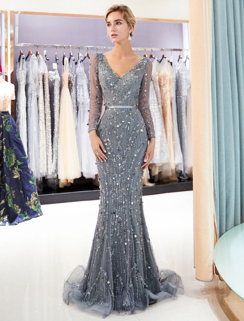 Classic Mother Of The Groom Dresses Grey Long Sleeve Luxury Beading V Neck Sash Formal Gowns With Train-showprettydress