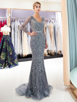 Classic Mother Of The Groom Dresses Grey Long Sleeve Luxury Beading V Neck Sash Formal Gowns With Train-showprettydress