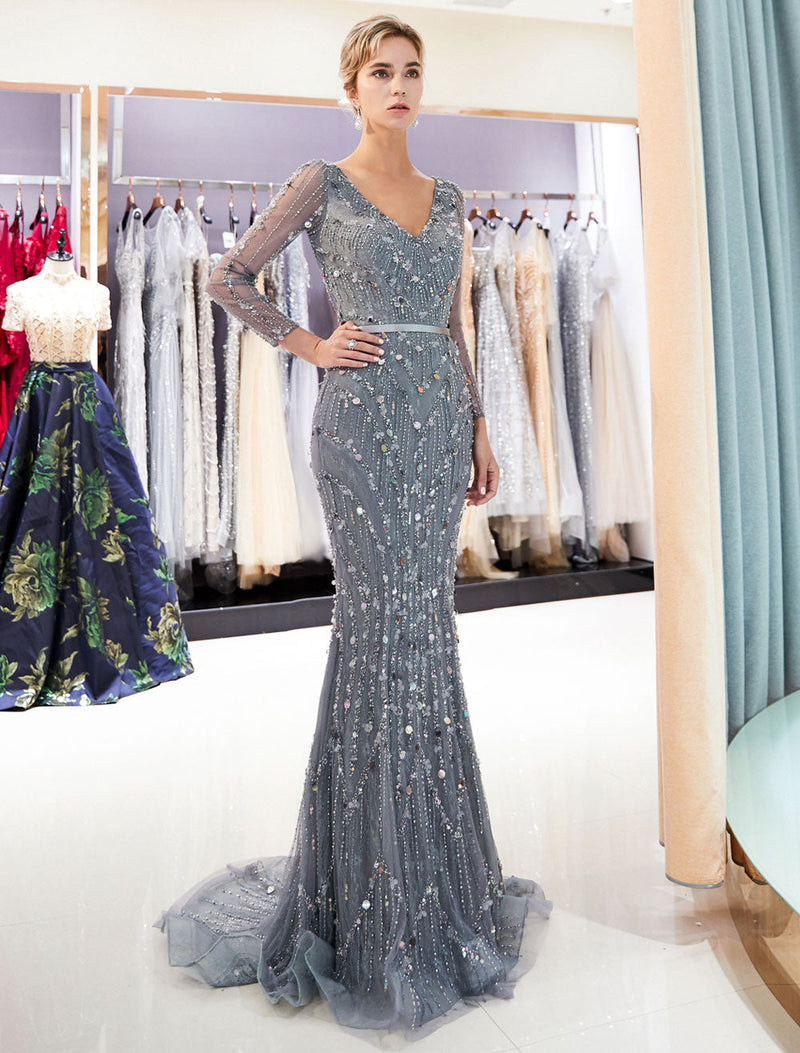 Classic Mother Of The Groom Dresses Grey Long Sleeve Luxury Beading V Neck Sash Formal Gowns With Train-showprettydress