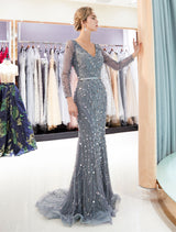 Classic Mother Of The Groom Dresses Grey Long Sleeve Luxury Beading V Neck Sash Formal Gowns With Train-showprettydress