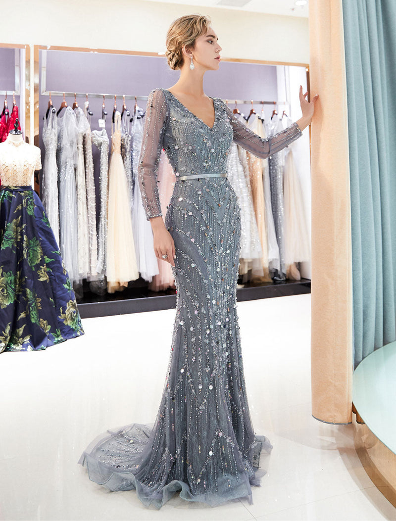 Classic Mother Of The Groom Dresses Grey Long Sleeve Luxury Beading V Neck Sash Formal Gowns With Train-showprettydress