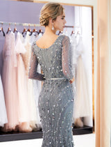 Classic Mother Of The Groom Dresses Grey Long Sleeve Luxury Beading V Neck Sash Formal Gowns With Train-showprettydress