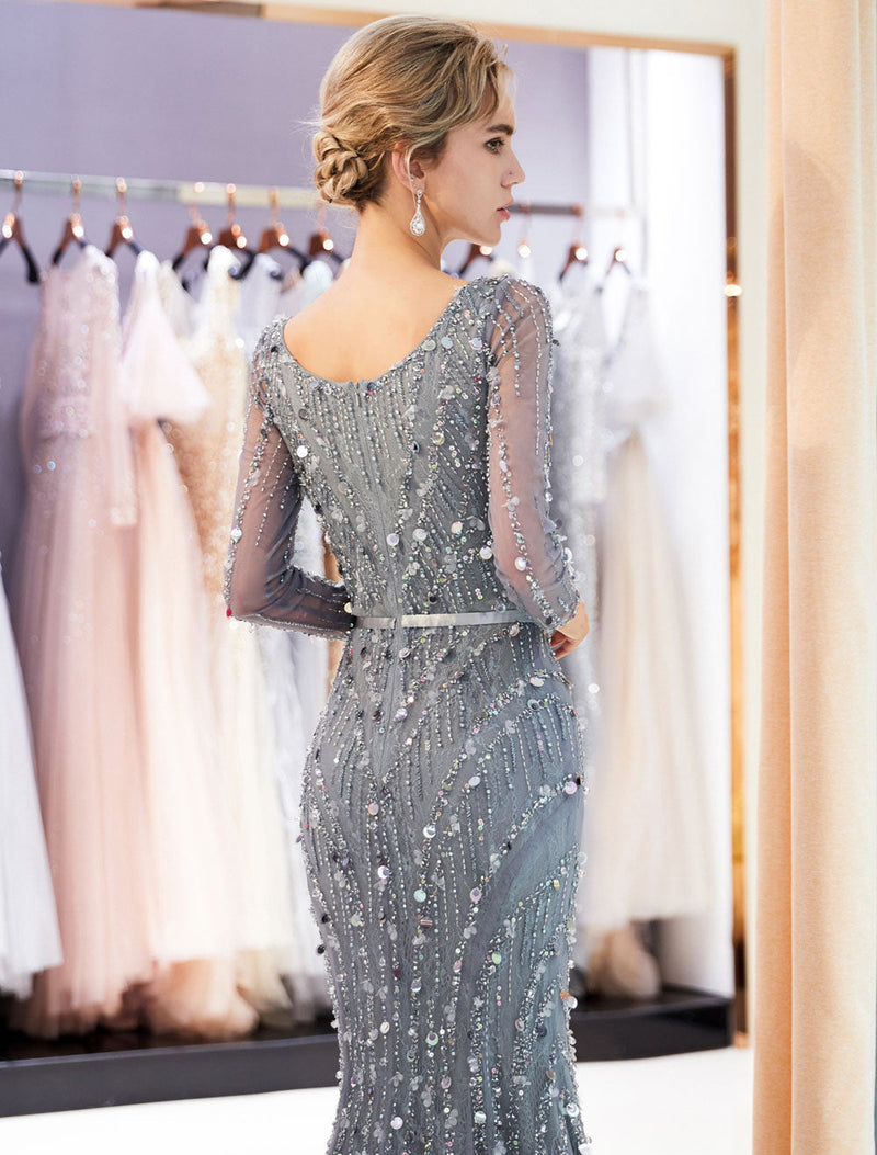 Classic Mother Of The Groom Dresses Grey Long Sleeve Luxury Beading V Neck Sash Formal Gowns With Train-showprettydress