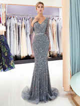 Classic Mother Of The Groom Dresses Grey Long Sleeve Luxury Beading V Neck Sash Formal Gowns With Train-showprettydress