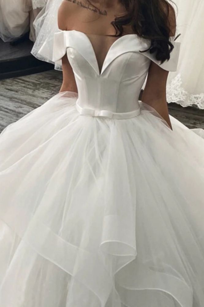 Classic Off the Shoulder Ball Gown Puffy Layers Wedding Dress-showprettydress