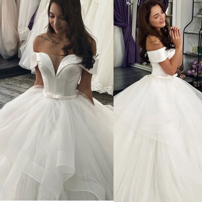 Classic Off the Shoulder Ball Gown Puffy Layers Wedding Dress-showprettydress