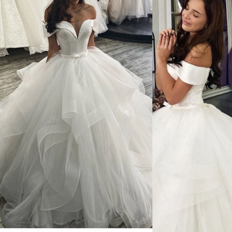 Classic Off the Shoulder Ball Gown Puffy Layers Wedding Dress-showprettydress