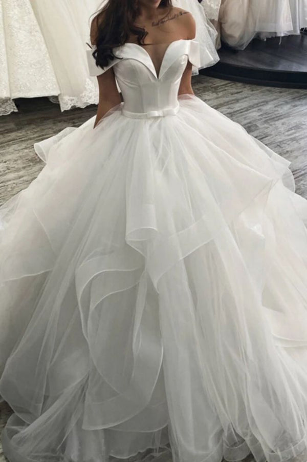 Classic Off the Shoulder Ball Gown Puffy Layers Wedding Dress-showprettydress