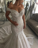 Classic Off the shoulder Sweetheart Pearl Mermaid Chapel Train Wedding Dress-showprettydress