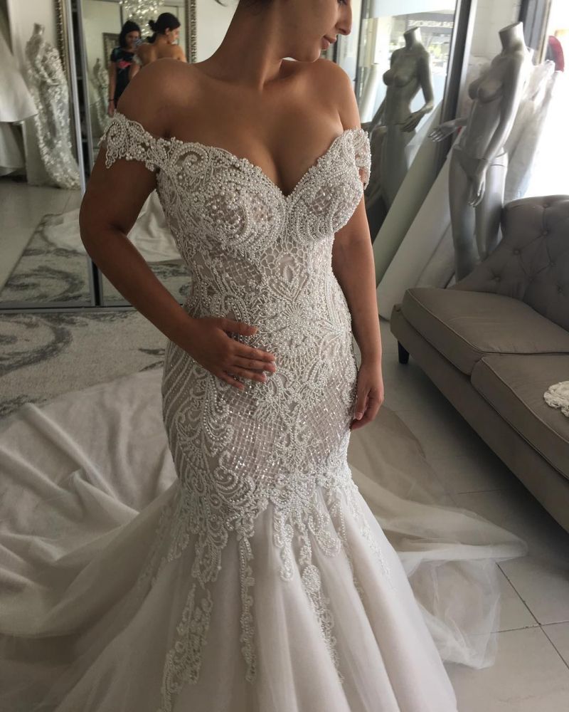 Classic Off the shoulder Sweetheart Pearl Mermaid Chapel Train Wedding Dress-showprettydress