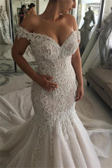Classic Off the shoulder Sweetheart Pearl Mermaid Chapel Train Wedding Dress-showprettydress