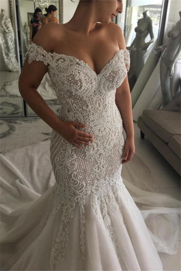 Classic Off the shoulder Sweetheart Pearl Mermaid Chapel Train Wedding Dress-showprettydress