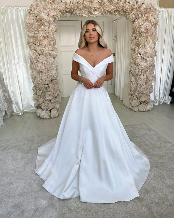 Classic Off The Shoulder V neck Wedding Dresses A line Pleated Bridal Gowns-showprettydress