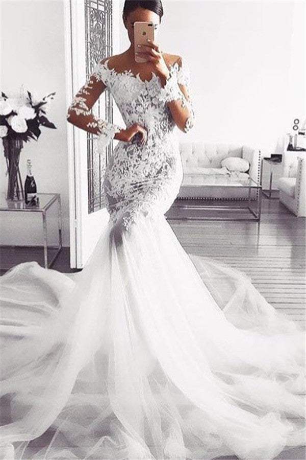 Classic Off the ShoulderWedding Dresses Long Sleevess Mermaid Lace Bridal Gowns-showprettydress