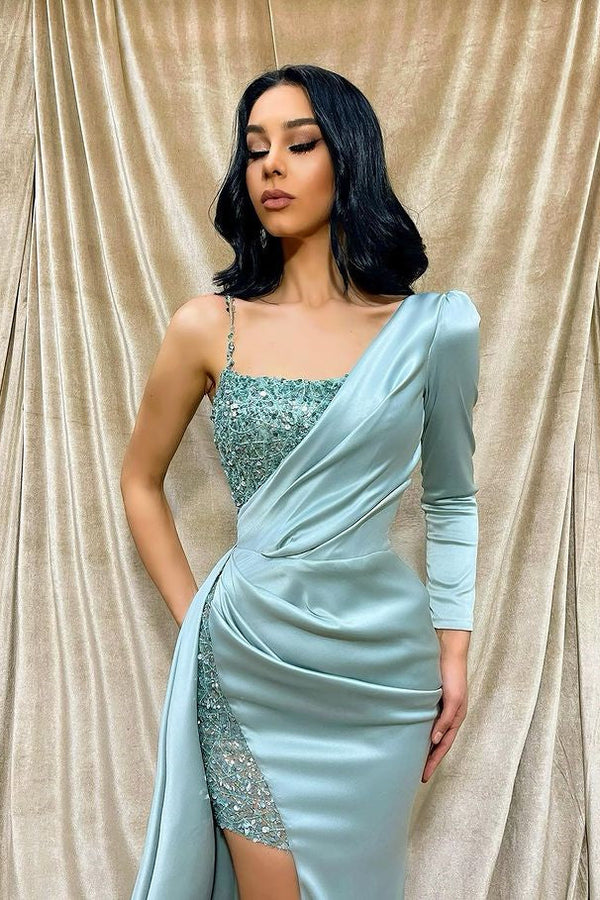 Classic One Shoulder Long Sleeves Evening Dress Mermaid Slit With Beads-showprettydress