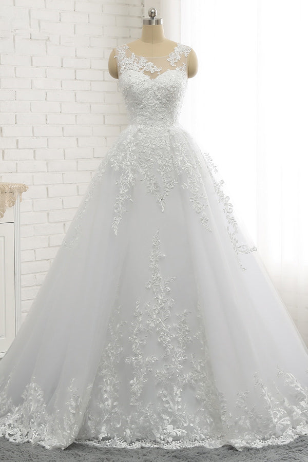 Classic Round neck Lace appliques White Princess Wedding Dress-showprettydress