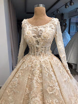 Classic Scoop Long Sleevess Appliques Ball Gown Wedding Dresses-showprettydress