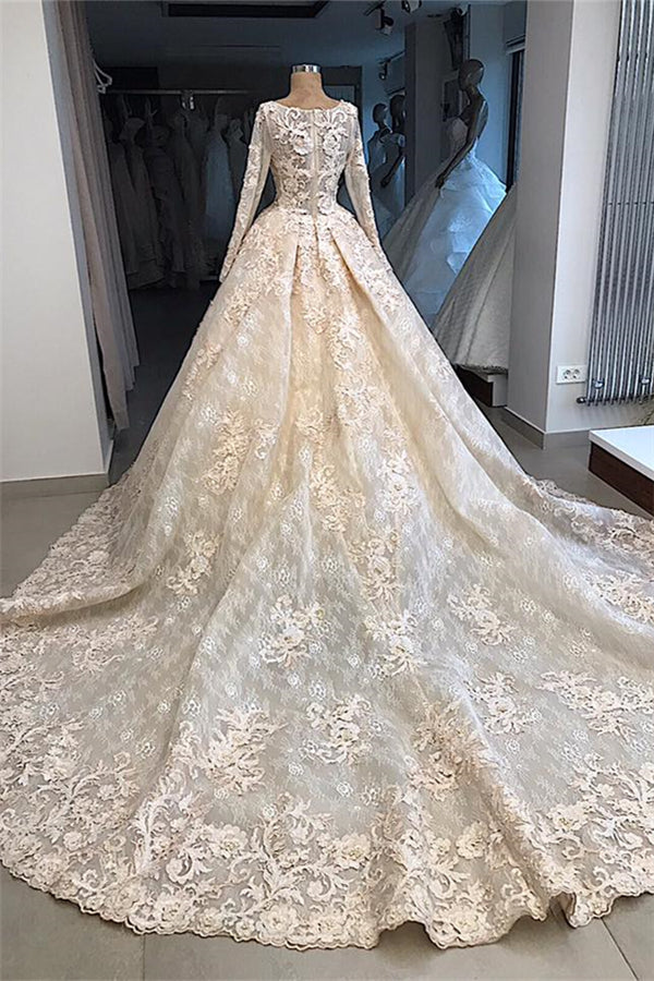 Classic Scoop Long Sleevess Appliques Ball Gown Wedding Dresses-showprettydress