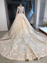 Classic Scoop Long Sleevess Appliques Ball Gown Wedding Dresses-showprettydress