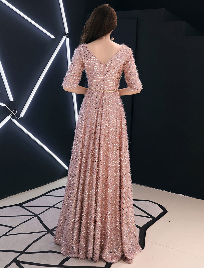 Classic Sequin Evening Dresses Maxi Half Sleeve V Neck Floor Length Formal Gowns-showprettydress
