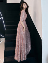 Classic Sequin Evening Dresses Maxi Half Sleeve V Neck Floor Length Formal Gowns-showprettydress
