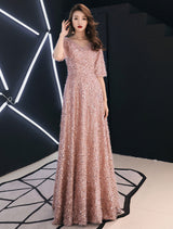 Classic Sequin Evening Dresses Maxi Half Sleeve V Neck Floor Length Formal Gowns-showprettydress