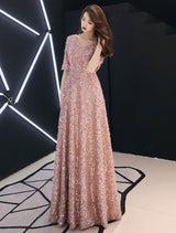 Classic Sequin Evening Dresses Maxi Half Sleeve V Neck Floor Length Formal Gowns-showprettydress