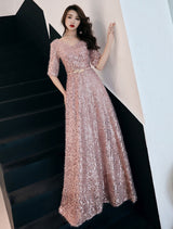 Classic Sequin Evening Dresses Maxi Half Sleeve V Neck Floor Length Formal Gowns-showprettydress