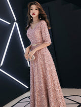 Classic Sequin Evening Dresses Maxi Half Sleeve V Neck Floor Length Formal Gowns-showprettydress